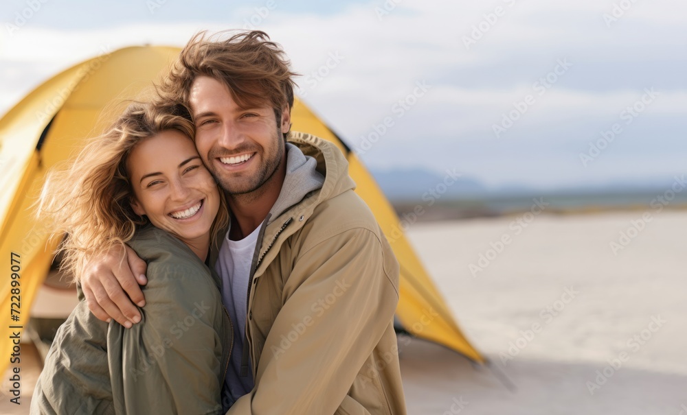 Happy young couple at beach camping close up high quality portrait photo Happy young couple at beach camping close up high quality portrait photo