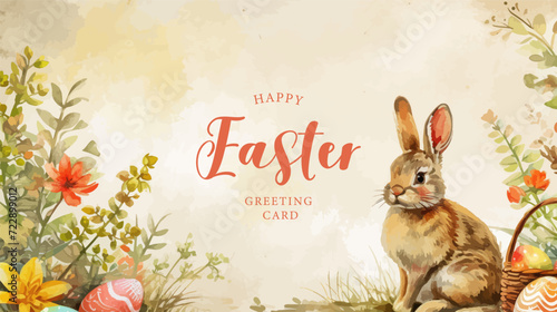 Easter basket with eggs and bunny decorated with flowers. Happy easter