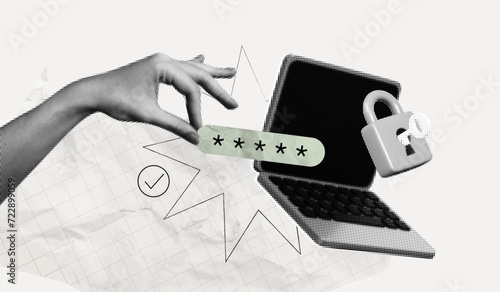 Trendy Halftone Collage with Human Hand holding Pin Code on Screen Computer Laptop. Locked padlock with password. Protecting your personal data online. Contemporary vector art illustration photo