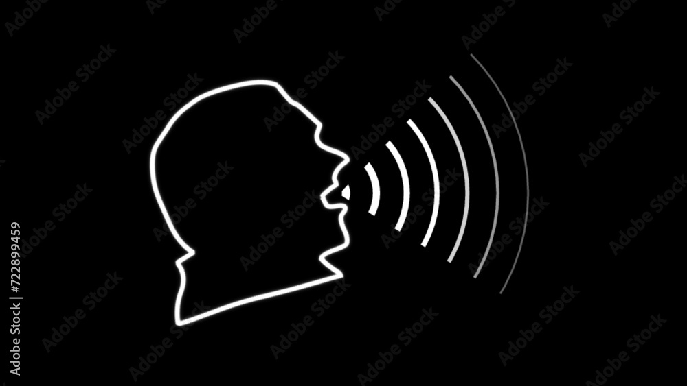 custom made wallpaper toronto digitalGlowing white neon Human Talk logo sound wave voice technology outline icon design. Speaking icon on a brick wall background. Man lips with a sound wave on a black background in neon light.