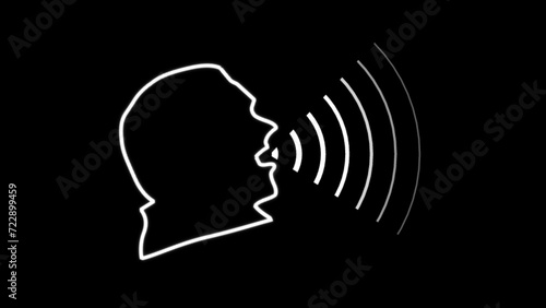 Glowing white neon Human Talk logo sound wave voice technology outline icon design. Speaking icon on a brick wall background. Man lips with a sound wave on a black background in neon light.