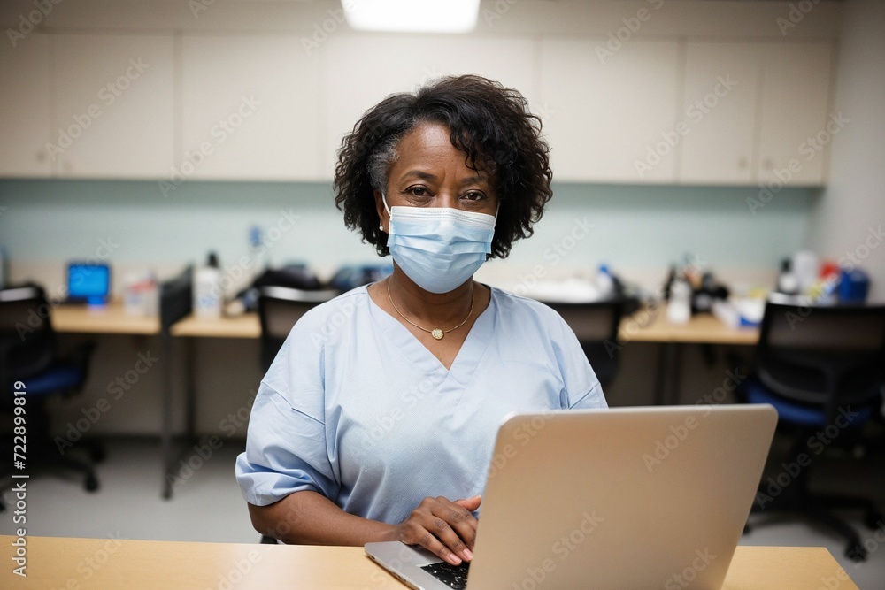 a nurse in a medical office, wearing a surgical mask, focused on her laptop at the desk