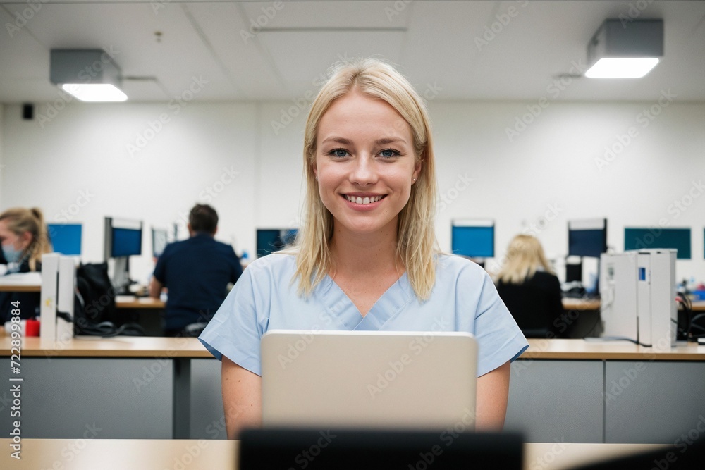 Obraz premium a nurse in a medical office, wearing a surgical mask, focused on her laptop at the desk