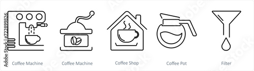 A set of 5 Coffee icons as coffee machine, coffee shop, coffee pot