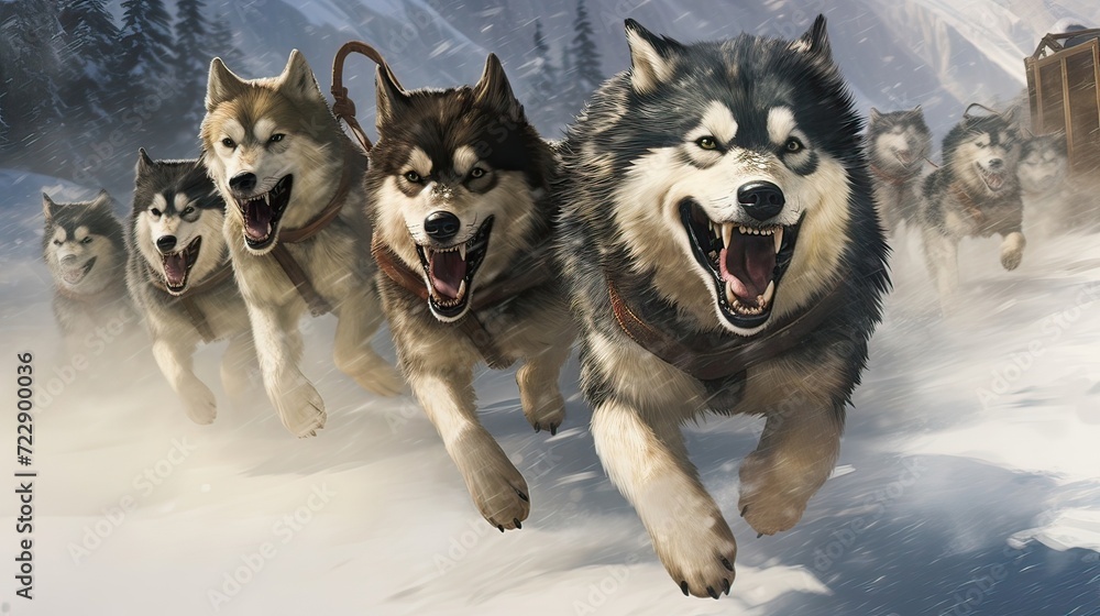 Sled dogs in action, racing through the snow in a tranquil, remote wilderness. Husky sled team, winter excitement, Arctic journey, wilderness speed. Generated by AI. Sled dogs in action, racing through the snow in a tranquil, remote wilderness. Husky sled team, winter excitement, Arctic journey, wilderness speed. Generated by AI.