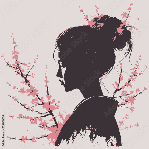 Watercolor vector landscape of cherry blossoms in japanese park