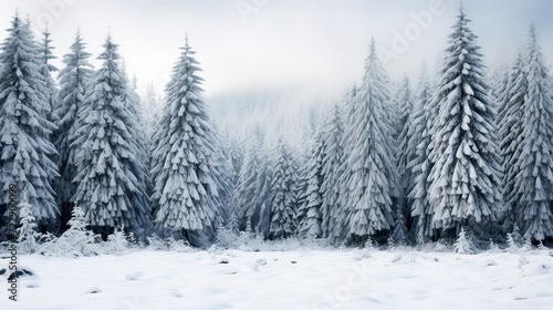 Tranquil winter forest with snow-covered evergreen trees. Serene natural beauty, snowy woodland, evergreens in winter, peaceful cold scene, forest tranquility. Generated by AI.