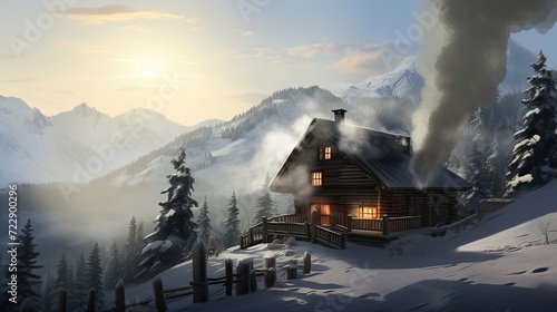 Winter's embrace, alpine charm, snowy hideaway, warm refuge, tranquil winter scene. Generated by AI.