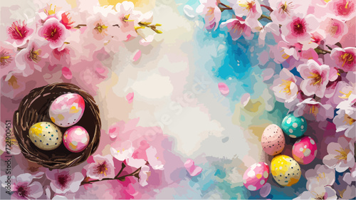 Easter basket with eggs and bunny decorated with flowers. Happy easter