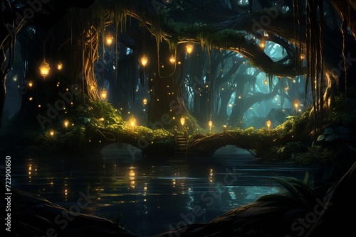 Enchanting bio luminescent forest creating magical and serene atmosphere in woodland scene