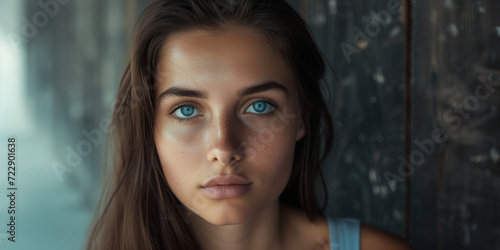 Young woman with striking blue eyes and freckles, standing against a rustic wooden backdrop photo