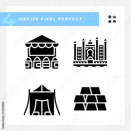 Uae wealth arabic heritage black glyph icons set on white space. Famous urban landmarks. Luxury architecture. Modern emiratis. Silhouette symbols. Solid pictogram pack. Vector isolated illustration