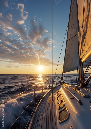 yacht sailing at sunset with sun beams, in the style of naturalistic ocean waves, © Logo Artist