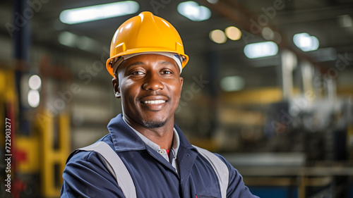 Waist-up portrait of smiling african american worker standing in in a metal manufacture warehouse.

