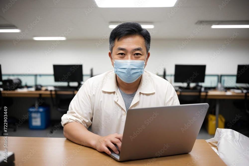 a professional medical expert, sitting in front of a laptop, extends a friendly greeting a professional medical expert, sitting in front of a laptop, extends a friendly greeting
