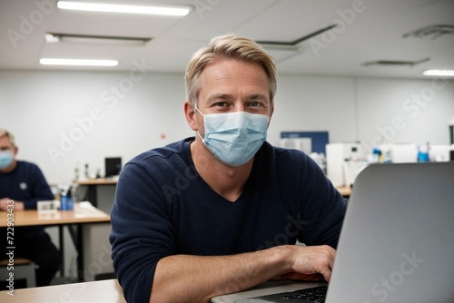 a professional medical expert, sitting in front of a laptop, extends a friendly greeting