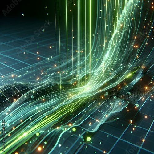 Abstract 3D background of green neon lines sliding down. Modern wallpaper.