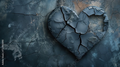 A black broken heart made of stone on a cracked wall, stone texture, break up, space for text photo