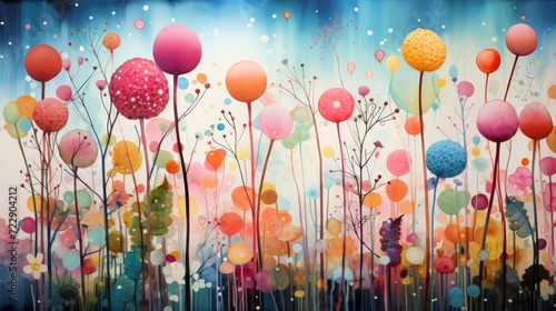 a colorful painting with various colors and balloons