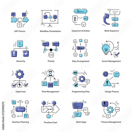 Set of 16 Doodle Icons Depicting Work Processes 

