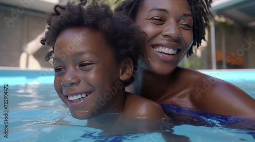 Portrait of a happy mother with her son having fun in pool. Mom and boy swims in the pool after going down the water slide in summer