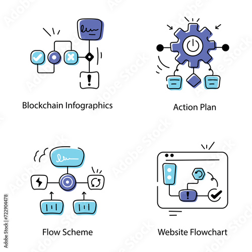 Doodle Icon Set Depicting Workflow Diagrams 

