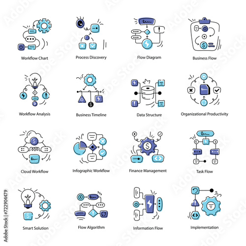 Bundle of Doodle Style Workflow Management Icons 

