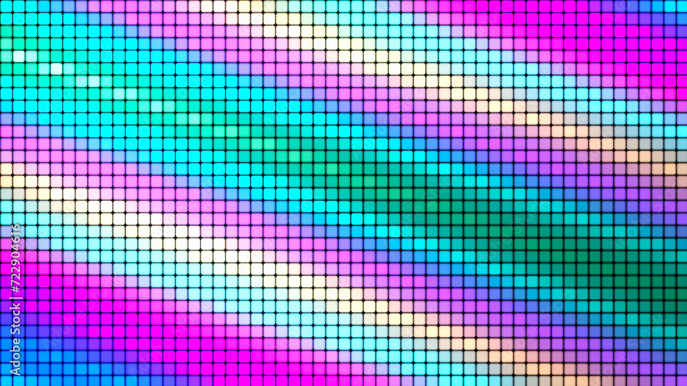 Multicolored mosaic background in technology concept. Abstract rainbow LED squares. Technology digital square color background. Colored pixel grid background. 3D rendering