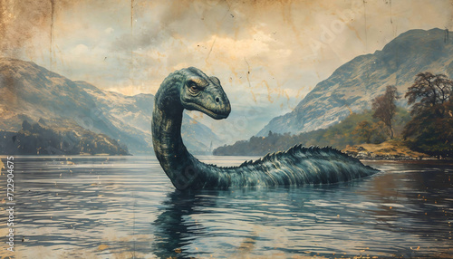 The Loch Ness mythical monster, antique old colored style art.  The image has an aged appearance with visible scratches and marks adding to its mythical theme.  Generative AI image. photo