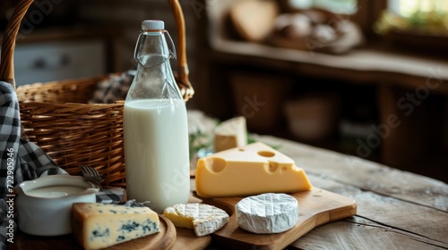 Artisan cheese and milk on wooden table.Mockup of a bottle of milk and a basket of cheese on a kitchen table with copy space 
