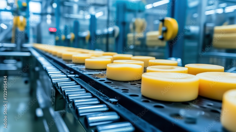  Rows of cheese wheels on a conveyor belt in a factory.