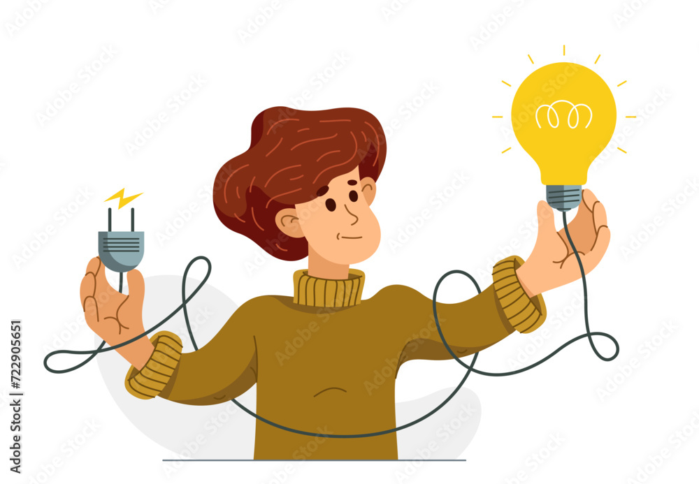 Idea needs resources to be realized embodied in life, vector illustration of a young man with a light bulb and plug for electrify it. Idea needs resources to be realized embodied in life, vector illustration of a young man with a light bulb and plug for electrify it.