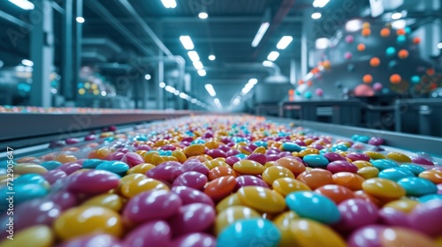 Candy Production Line in Factory. Conveyor belt filled with colorful candies in a modern food processing plant.