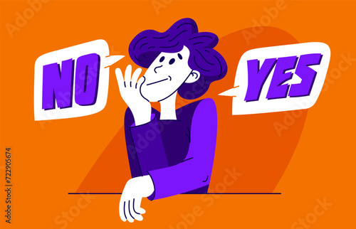 Young man having a doubt and question, vector illustration of a person who is hesitating and thinking about some problem, decide uncertainty.