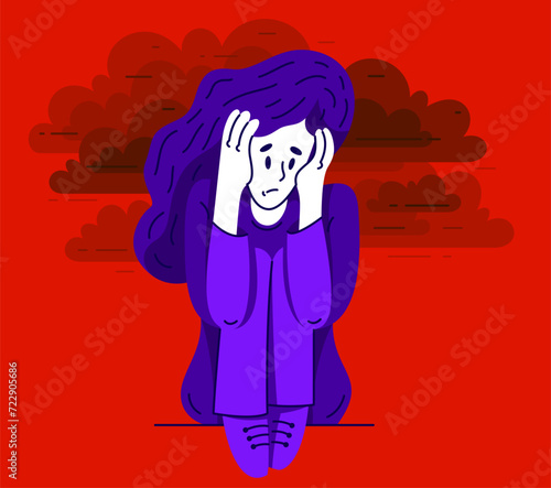 Young woman feeling stressed and uncomfortable, vector illustration of a person having mental disorder panic and anxiety, psychological problems.