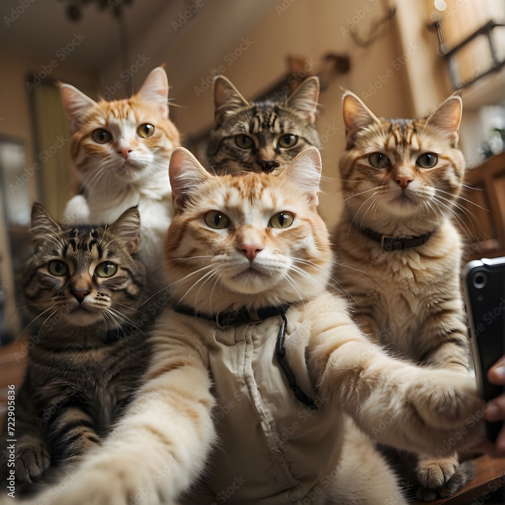 cat and kittens are taking selfie, funny pet animals