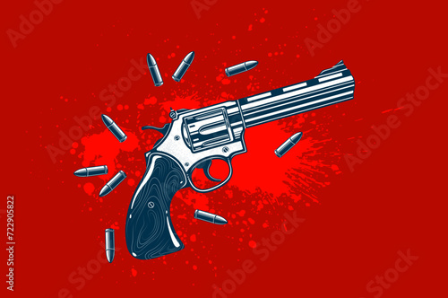 Detailed revolver shotgun and blood splatter vector illustration of a detective criminal story, beautiful gun drawing, movie poster or book cover.