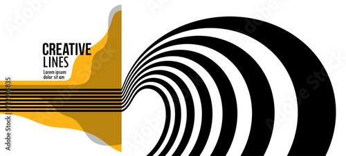 3D black and yellow lines in perspective abstract vector background, linear perspective illustration op art.