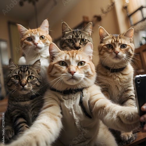 cat and kittens are taking selfie, funny pet animals © iram