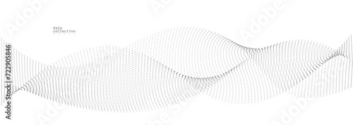 Grey dots in motion vector abstract background, particles array wavy flow, curve lines of points in movement, technology and science illustration.