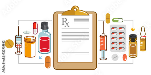 RX doctor prescription with different drugs and medicine vector flat style illustration isolated over white, advertising banner health care and healing medical theme design.