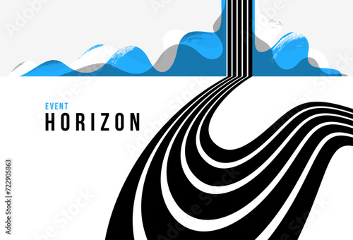 3D black and white lines in perspective with blue elements abstract vector background, linear perspective illustration op art, road to horizon.