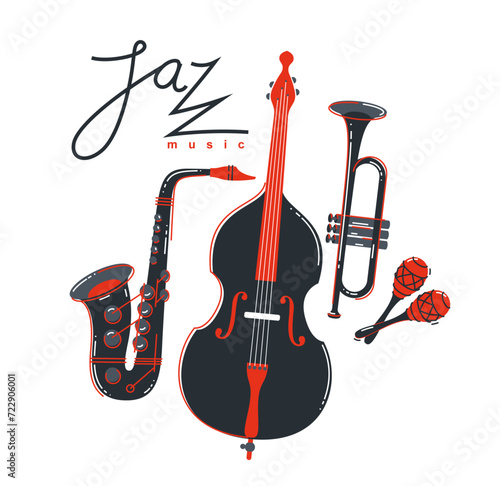 Jazz music band poster vector flat illustration, live sound festival or concert advertising flyer or banner, play different instruments orchestra.
