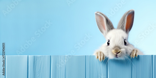 Bunny rabbit looking over the fence. Blank space on the side. Happy Easter. Postcard design. Generative Ai