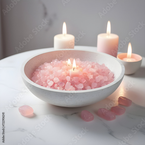 spa still life with candles and pink quartz, marble table