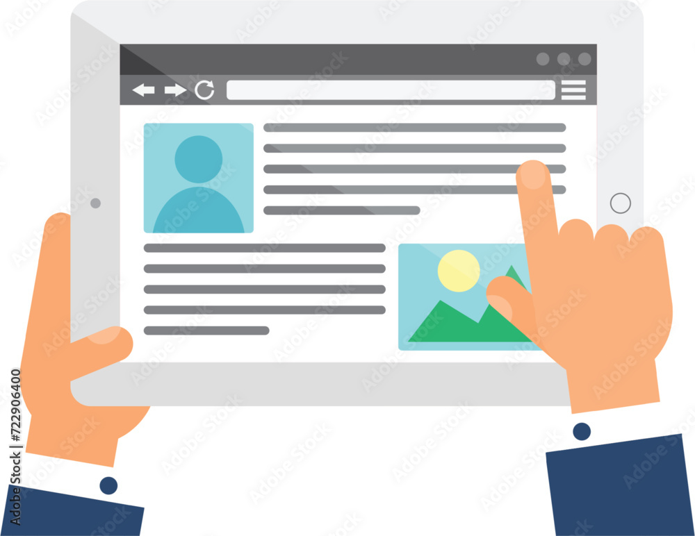 User hand enters data on website of searching on portable laptop. Consumer Form web page menu on screen of digital gadget. Simple flat vector isolated on white background User hand enters data on website of searching on portable laptop. Consumer Form web page menu on screen of digital gadget. Simple flat vector isolated on white background
