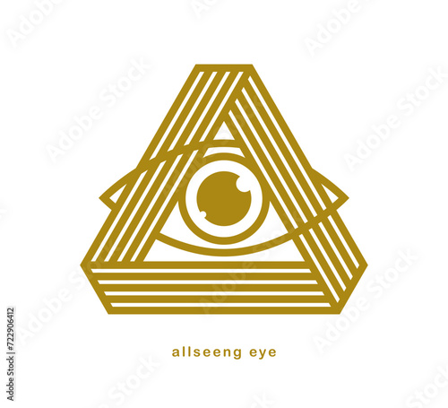 All seeing eye in triangle pyramid vector ancient symbol in modern linear style isolated on white, eye of god, masonic sign, secret knowledge illuminati.