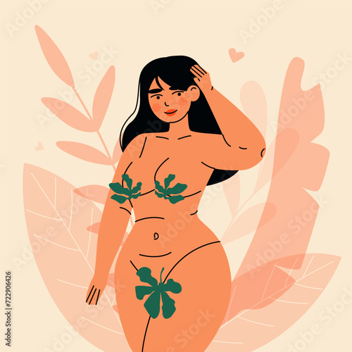 Chubby happy woman. Cartoon curvy female character, confident plump female person, body positive self love concept. Vector illustration