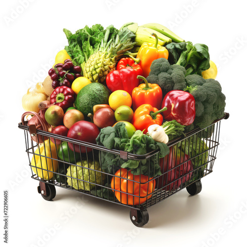 A shopping cart on wheels full of fruits and vegetables isolated on white.