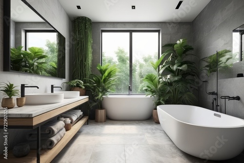 Stylish bathroom interior with countertop, shower stall and houseplants © Dhiandra